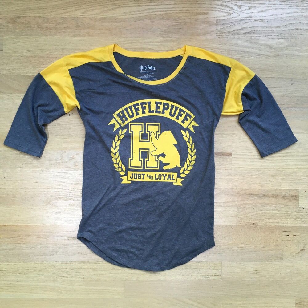 Harry Potter Hufflepuff Shirt Womens M Hogwarts Yellow Gray 3/4 Sleeve Graphic